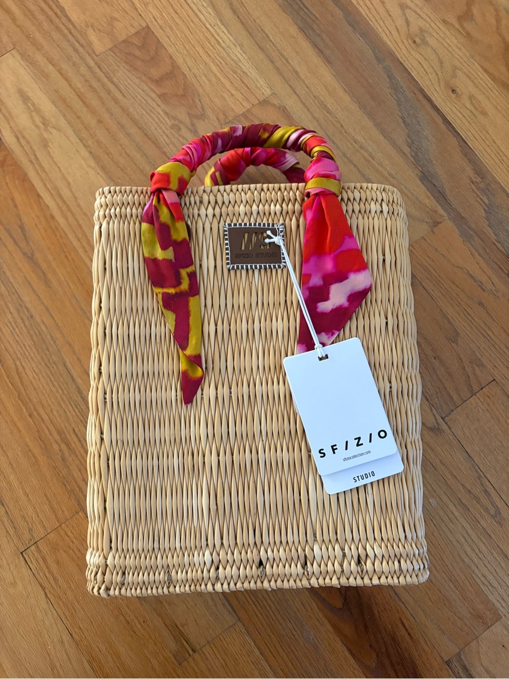 SFIZIO Natural Wicker Tote with Pink & Yellow Scarf Handle